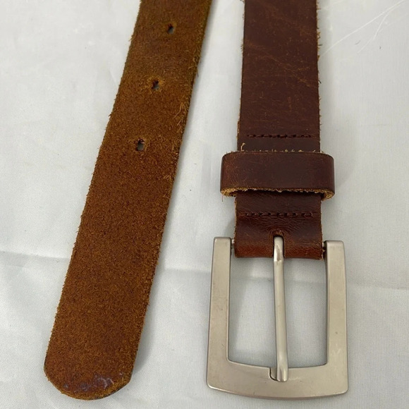VINTAGE Mens Nutmeg Brown Genuine Leather Belt Brushed Silver-tone Buckle Size M - Picture 5 of 10